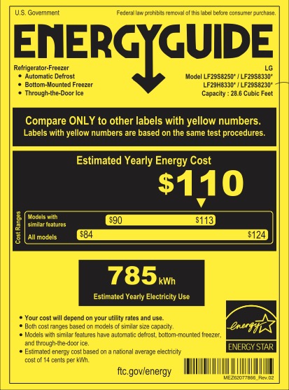 The EnergyGuide label for an LG refrigerator, to be used as an example  for how the reader may find the average cost of power that the reader's potential new refrigerator may have.