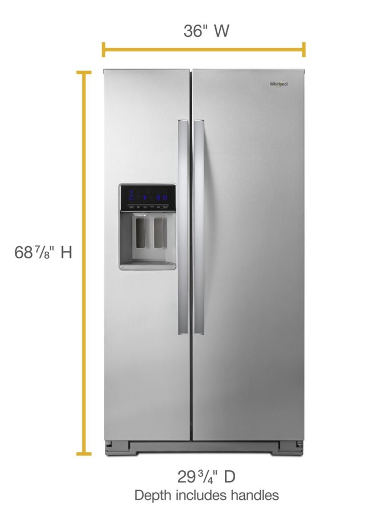 A picture of a silver Whirlpool refrigerator with its dimensions illustrated. Width is 36 inches, height is 68 7/8 inches, and depth is 29 3/4 inches. Depth includes handles.