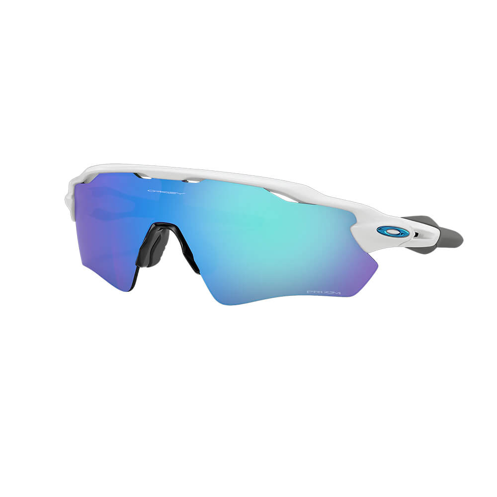 White framed Oakley sunglasses with blue, purple, and cyan colored gradient lenses.