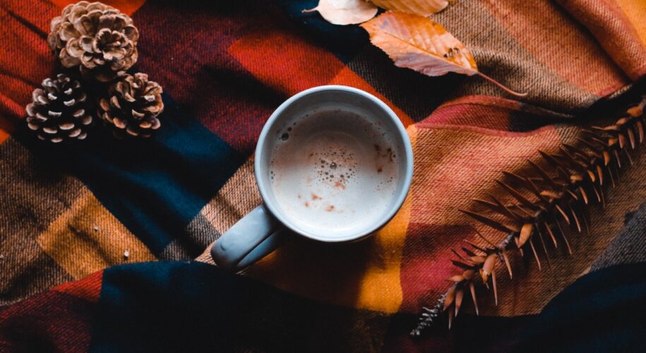 A cup of coffee on a orange and blue quilted blanket surrounded by pinecones and leaves to evoke images of fall.