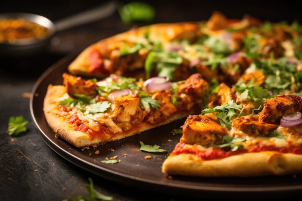 A unique pizza shot displaying a  curry infused tomato sauce, tender chunks of tandoori chicken, and a sprinkle of finely chopped cilantro