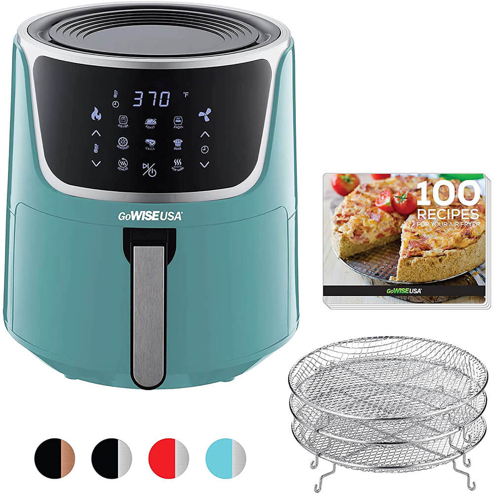 The GoWISE electric air fryer and dehydrator with included stacking racks and recipe book.