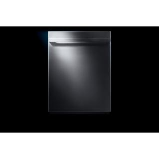 A JennAir dishwasher standing against a black background with light shining on it from the upper left corner of the picture.