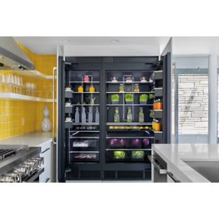 A side-by-side JennAir refrigerator with doors open, showing the Obsidian background and colorful foods.
