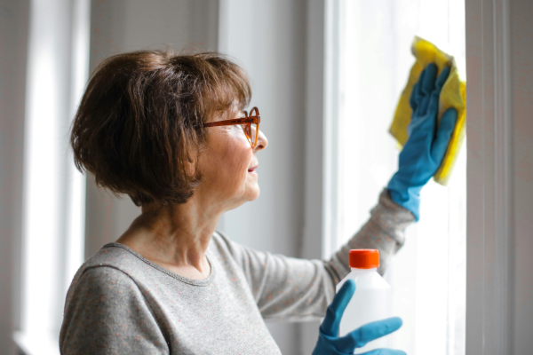 A middle aged woman cleaning her windows with water, vinegar, and a microfiber cloth.