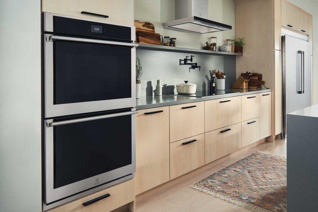 Electrolux double wall oven installed in a kitchen. 