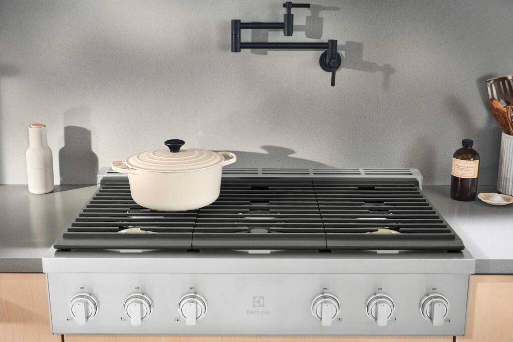 Electrolux 6-burner gas cooktop installed in a kitchen.