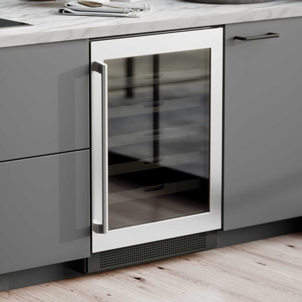 An Electrolux wine cooler installed under a white marble countertop. Next to it are drawers and a cupboard in slate gray.